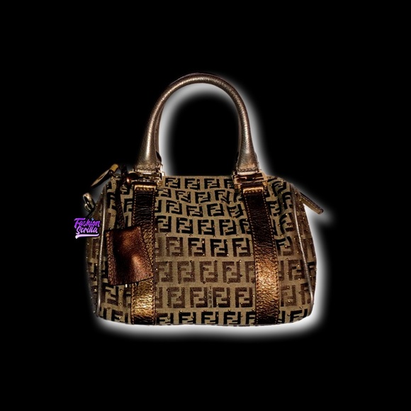 Fendi Handbags - Fendi Zuchino Metallic Tobacco Brown Studded Gold Mini Forever Boston